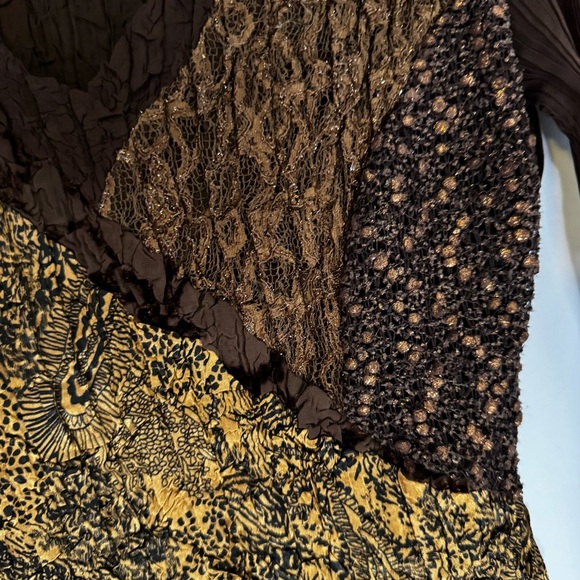 Chagall Brown Gold Crinkle Patchwork Mesh Stretch Top sheer sleeve Boho Artsy M - Picture 4 of 9